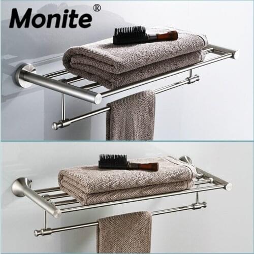 Nickel Brushed Wall Mounted Bathroom Towel Rail Holder Bathroom Folding Storage Rack Shelf Bar Hanger Two style Shelf