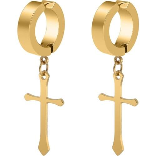 New 1 Pcs Stainless Steel Clip On Non Piercing Earrings For Women Men Black Gold Color Cross Gothic Punk Rock Drop Pendiente