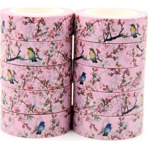 New 10pcs/set 15MM*10M Pink Flower, birds Washi Tape Floral Masking Tapes Decorative Stickers Diary Deco Scrapbooking Sticker