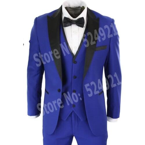 Brand New Groomsmen Royal Blue Groom Tuxedos Peak Black Lapel Men Suits Wedding Best Man Blazer ( Jacket+Pants+Vest+Tie ) C432