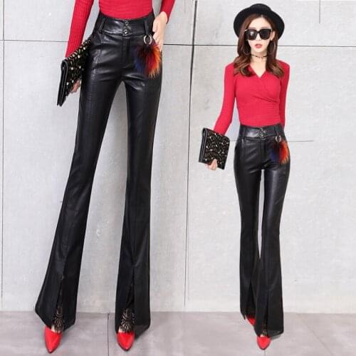 Autumn Skinny PU leather pants women PU Faux Leather pants womens Flare pants womens high waist PU Flare pants women trousers