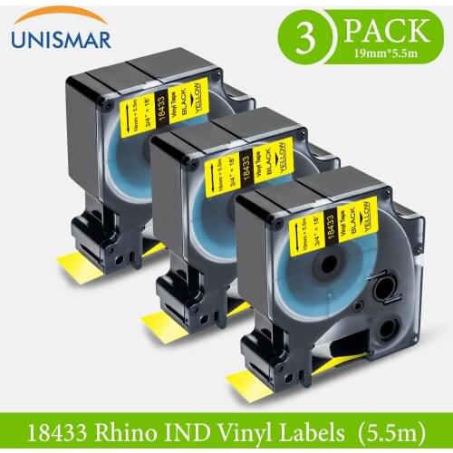 Unismar 3PK 18433 19mm 3/4" Black on Yellow Compatible for Dymo Rhino Vinyl Label Tapes for DYMO Rhino 4200 5200 5000 6000 Print