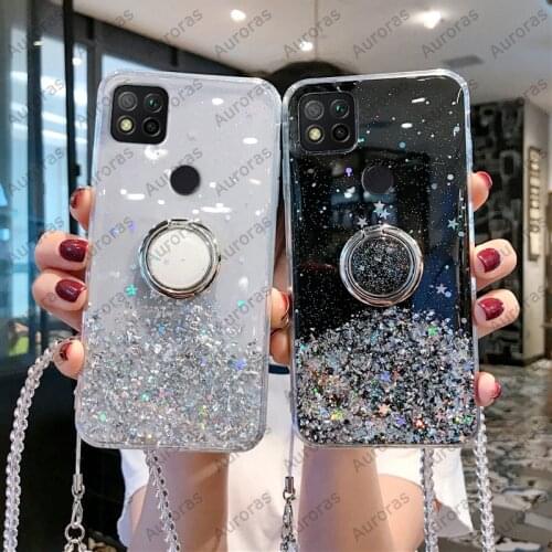 Auroras Glitter Bling Sequins For Redmi 9C Case Starry Sky Stars Moon With Ring Shockproof Case For Redmi 9A 9 Cover