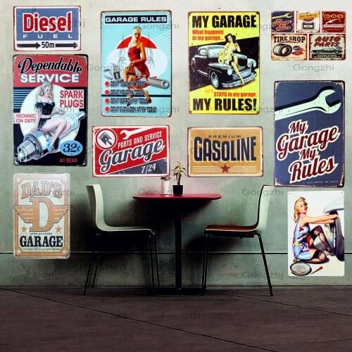 Garage Rules Retro Metal Tin Sign Art Wall Poster Dads Hole Motor Oil Home Decor Bar Pub Club Garage Shabby Plaque Wall Sticker