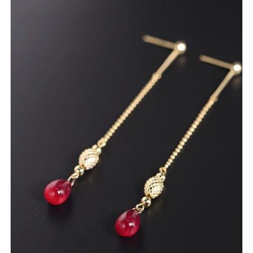 DAIMI Water drop ruby ear line female Genuine Gemstones natural 14K bag gold color treasure tassel earrings custom