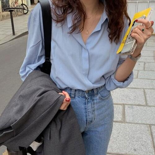 Spring Summer Loose Single-breasted Blue Women Blouses Casual Blusas Femme Turn-down Neck Full Sleeve Female Shirts Tops 13050