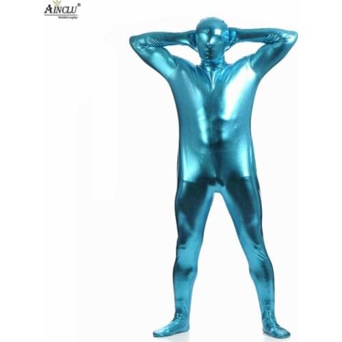 Ainclu Fullbody Blue Glue Metallic Zentai for Hallween Shiny Spandex Spandex Long Sleeve Male Bodysuit Sexy Zentai
