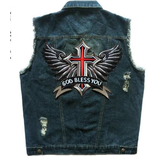 Blue Denim Punk Mens Motorcycle Club Biker Vest Gold Bless You Wings Patch Designs Distressed Sleeveless Jacket