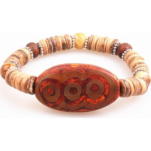 Tibetan Dzi Eyes beads Natural Stone & wood bead Tribal Stretch Bracelet Mens Beaded Jewelry Unisex