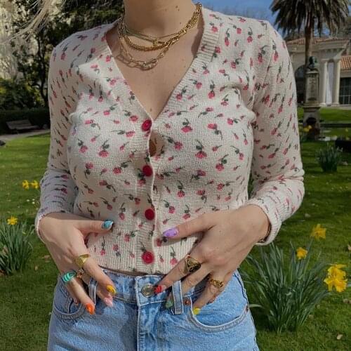 Harajuku V Neck Floral Print Cropped Cardigan Sweet Knitted Sweater Buttons Up Autumn Jacket Coat Cute Women Sweaters