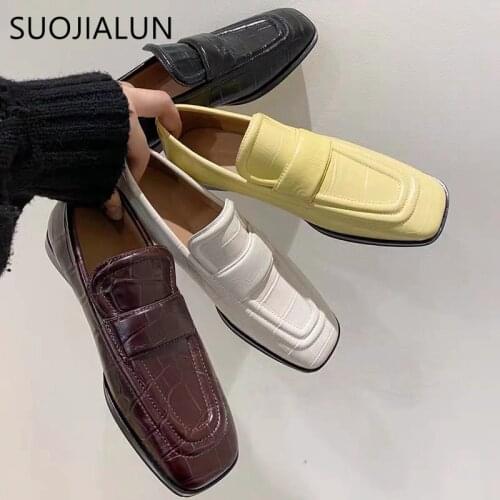 SUOJIALUN Spring Flat Shoes Fashion Brand Stone Pattern British Loafer Slip On Casual Moccasin Square Toe Flats Plus Size 41