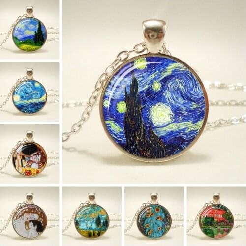 Vintage Glass Dome Starry Night Van Gogh Pendant Chain Necklace Art Picture Cabochon Jewelry Handmade Birthday Gift