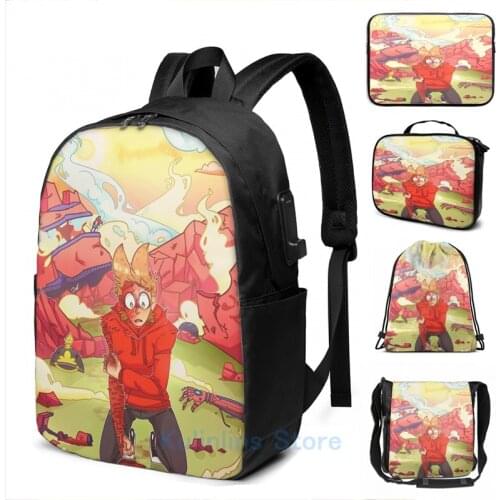 Funny Graphic print The End Eddsworld Tord USB Charge Backpack men School bags Women bag Travel laptop bag