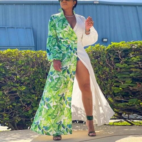 Women 2021 Trend New Famous Fashion Dress Green Patchwork Double Breasted Loose Floor Length Elegant Party Dresses Evening Hot
