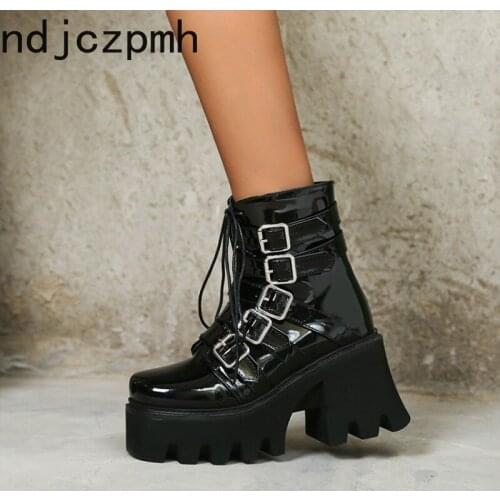 Design Female Chunky High Heels Ankle Boots Fashion Zip Lace-up High Platform Boots Women Street Punk Shoes Woman Plus Size35-44