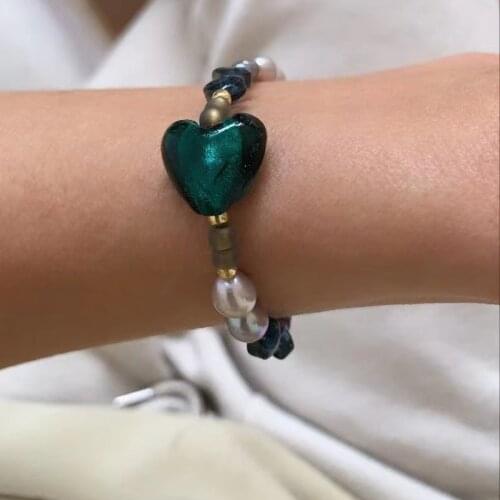 Bohemian Fashion Color Heart Shaped Crystal Natural Pearl Beaded Charm Bracelet Womens Beautiful Accessories Exquisite Jewelry