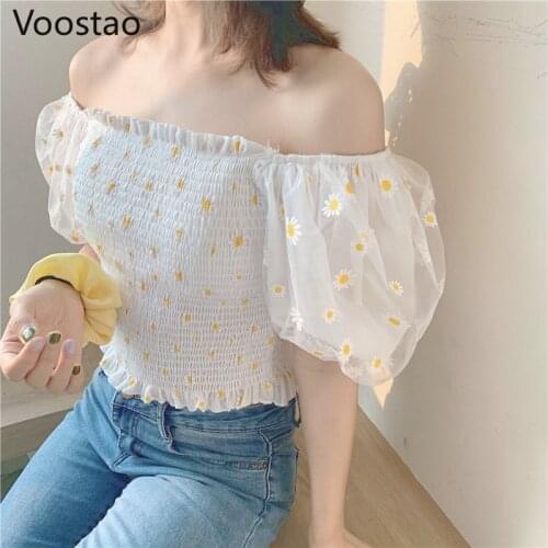 Summer Sweet Puff Sleeve Elegant Crop Tops Female Cute Chiffon Daisy Floral Blouses Women Korean Chic Off Shoulder Beach Shirts