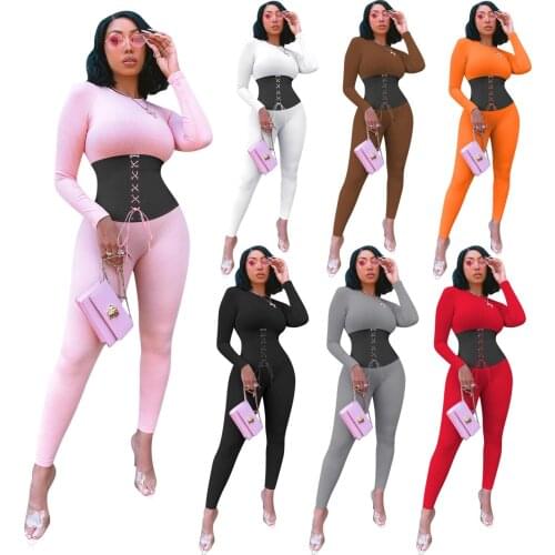 Ribbing Bandage Solid Color Patchwork Sports Fitness Women Suits Long Sleeve Round Neck Autumn Casual Simple Two Piece Set