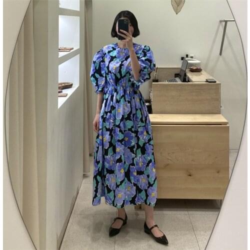 Print Summer Women for Dresses O Neck Korean Style Puff Sleeve Waist Elegant Stitching Long Vestidos 2021