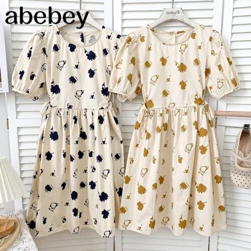 Fashion O-neck puff sleeve Dress bow bandage high waist pleated print mid-length A-line Dress 2021 New Summer Women