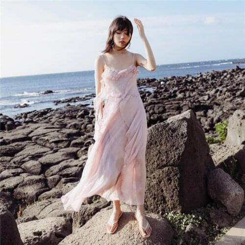 Bohemean Summer Women Dresses Evening Party Maxi Chiffon V-ncek Long Elegant Dresses Spaghetti Strap Pink Long Women Dress