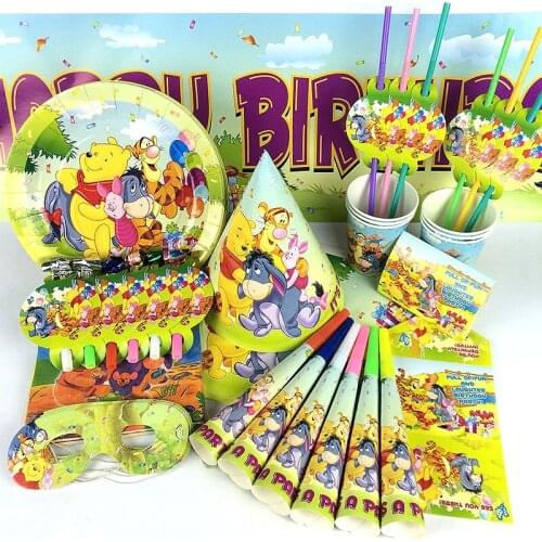 10set Cartoon Winnie The Pooh Theme Birthday Party Decor Set Cup Plate Napkin Straw Hat Horn Favor for 6persons
