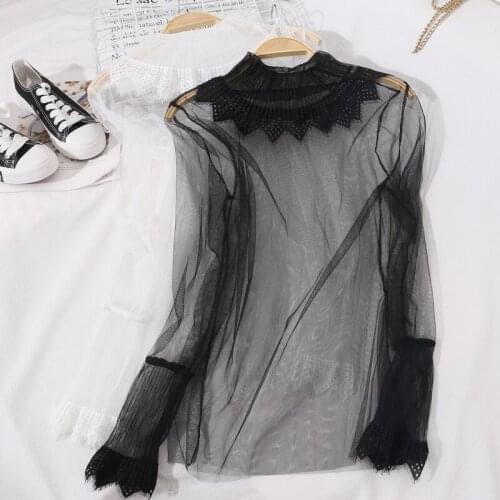 2021 Women Flare Sleeve Mesh Gauze Hollow Lace Flower Ruffles Embroidery Shirt Lady Elastic Slim Pullover Party Chic Blouse Tops
