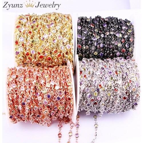 3 Meters ZYZ334-8189 Cubic Zirconia Connectors Link Chain, Bezel Setting CZ Cut round 5mm/6mm colorful CZ stones, Accessories