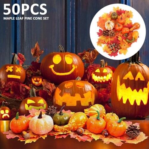 50Pcs Artificial Pumpkins Halloween Decoration Artificial Maple Leaves Set for Thanksgiving Festival Home Party Foliage Garden