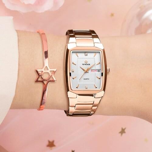 WWOOR 2021 New Top Brand Luxury Fashion Women Rose Gold Watch Diamonds Causal Elegant Calendar Waterproof Wristwatch Reloj Mujer