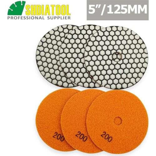 SHDIATOOL 6pcs 5" #200 B Diamond dry polishing pads Dia 125mm Resin Bond Sanding Disc For Granite Marble Stone Polisher Pad