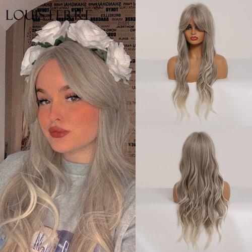 LOUIS FERRE Long Gray Ombre Ash White Synthetic Wigs With Blonde Highlights For Woman Cosplay Wavy Wig With Bangs Heat Resistant