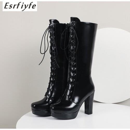 ESRFIYFE 2021 New Big Size34-48 Knee High Boots Women Square High Heels Platform Ladies Boots Lace Up Autumn Winter Boots Female