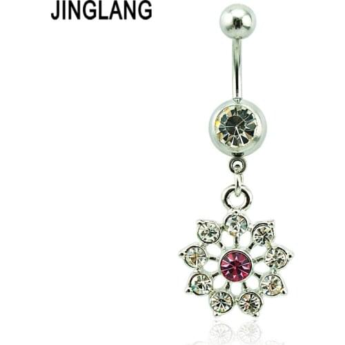 JINGLANG Body Piercing Jewelry Belly Button Rings 316L Stainless Steel Barbells Dangle White Rhinestone Flower Navel Rings
