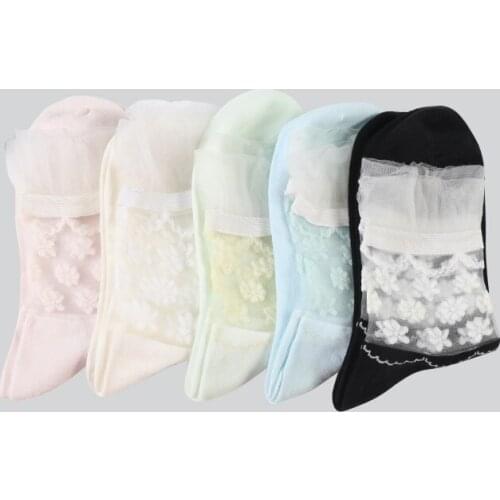 DONG AI 5 Pairs Fashion Women Socks Lace Cuff Princess Flower Transparent Silk Cotton Sock Cute Short High Quality Girls Socks