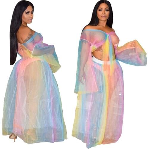 Beach dress Swimsuit Sexy Perspective Mesh Two Pieces Set Women Boho Suit Beach Holiday Loose See Through Vestidos Night Club