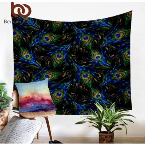 BeddingOutlet Peacock Feather Tapestry Boho Printed Wall Hanging Aztec Art Carpet Bohemian Blue Green Decorative Tapestry 1pc