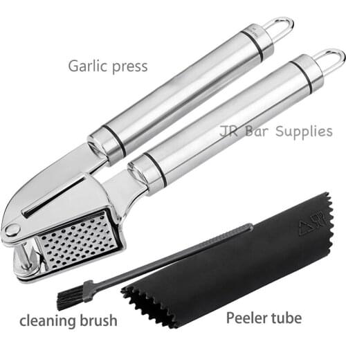 Free Shipping Professional Garlic Press - Stainless Steel Kitchen Utensil Includes Clove Peeler and Cleaning Brush Bar Tools