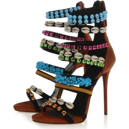 Luxury Shoes Women Designers Fashion Shells Rhinestone Beaded Gladiator Heels Sandals Cover Heel Back Zipper Woman Sandals