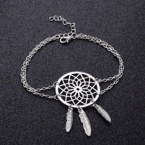 Silver Color Alloy Dreamcatcher Feather Pretty Bracelet Fine Jewelry for Women Girls Party Accessories Gift