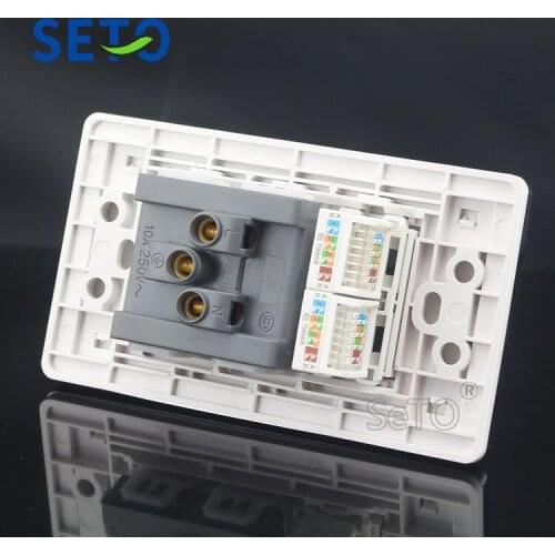 SeTo 120 Type Double Ports RJ45 Cat5e Network Lan + Five Hole Power Socket 10A 250V Wall Plate Socket Keystone Faceplate