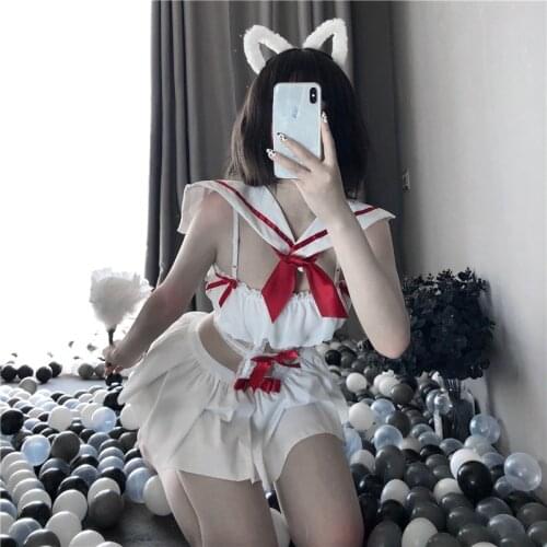Student Sailor Uniform Sexy Lingerie Temptation Japanese Pleated Skirt Bow Bandage Transparent Dress Lace Topless Bow Nightdress