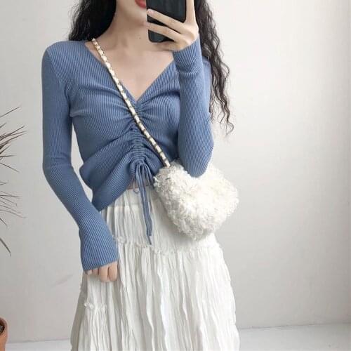 Sexy V Neck Lace Up Knitted Sweaters Women Autumn Ribbed Long Sleeve Solid Navel Bare Crop Tops Autumn Knitwear Jumper Tops
