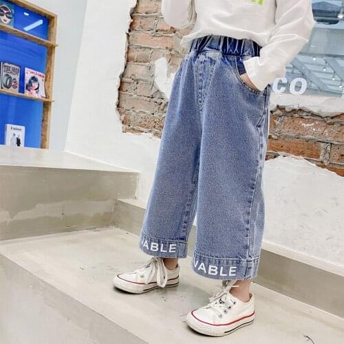 2021 Spring Baby Girls Jeans Childrens Wide Leg Pants Korean Fashion Letter Print Loose Denim Pants for Girl 2-8 Y Kids Jeans