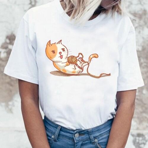 Woman Summer T Shirt Harajuku Kawaii Cat O Neck Tshirt Funny Woman Short Sleeve T-shirt Loose Graphic Streetwear Top Female