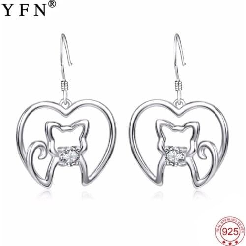 Genuine 925 Sterling Silver Earrings Open Love Heart Lovely Cute Cat Crystal CZ Drop Earrings Fashion Earring For Women PYE0023