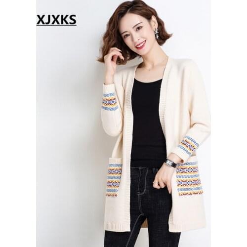 XJXKS Women long sweater coat 2021 autumn winter new high-quality wool knitted cardigan women sweater