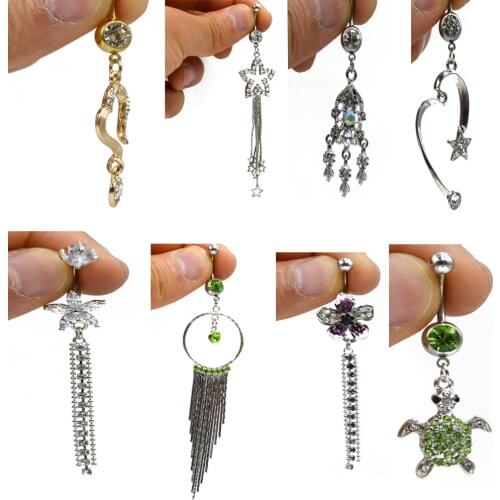Showlove-1pc Different Steel& CZ gem Dangle Navel Belly Button Ring for Promotion Body Piercing Jewelry