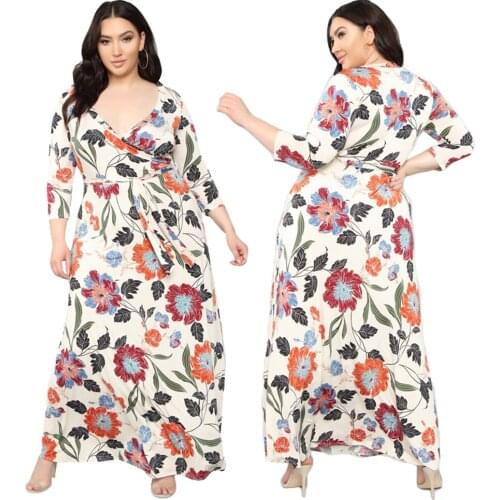 Plus Size Women Boho Floral Print A-Line Long Maxi Dress 3/4 Sleeve V-Neck Gown Holiday Beach Summer Sundress With Belt Fashion