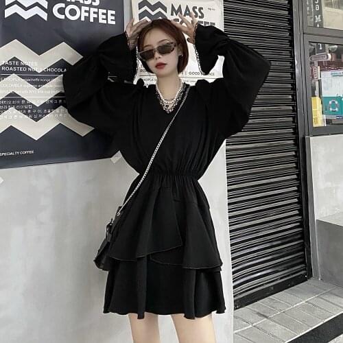 Autumn V Neck Lace Spliced Flare Long Sleeve Pleated Dresses Plus Size 4XL Lady Black Gothic Street Mini Dress Empire Vestidos
